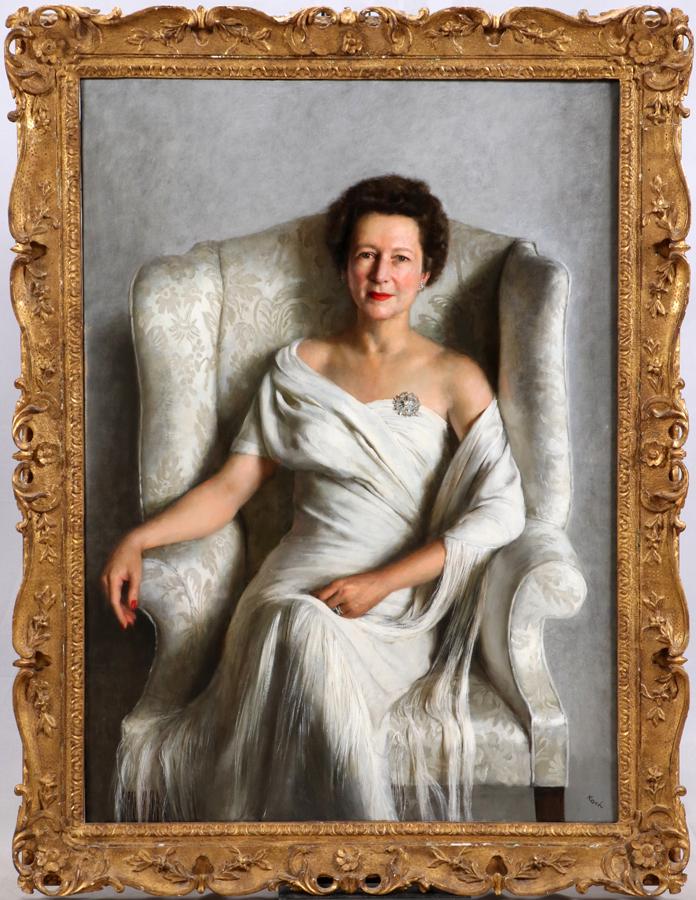 JOHN KOCH OIL ON CANVAS: JOHN KOCH (AMERICAN, 1909â€“1978) OIL ON CANVAS, H 47", W 34", "PORTRAIT OF MRS. ROBERT EHRMAN" Signed lower right; period gilt frame, 55" x 42"; Provenance: sold at Christies East, May 21, 1996.