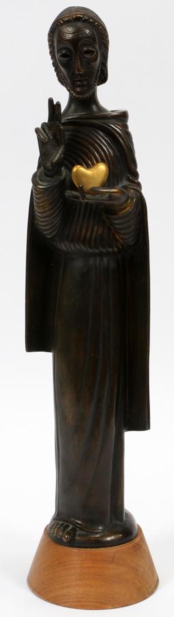 JEAN LAMBERT-RUCKI BRONZE SCULPTURE: JEAN LAMBERT-RUCKI (FRENCH, 1888-1967), BRONZE SCULPTURE, H 9.84", "THE BURNING HEART OF JESUS" Signed; wood base inscribed, "Cheref, Paris"