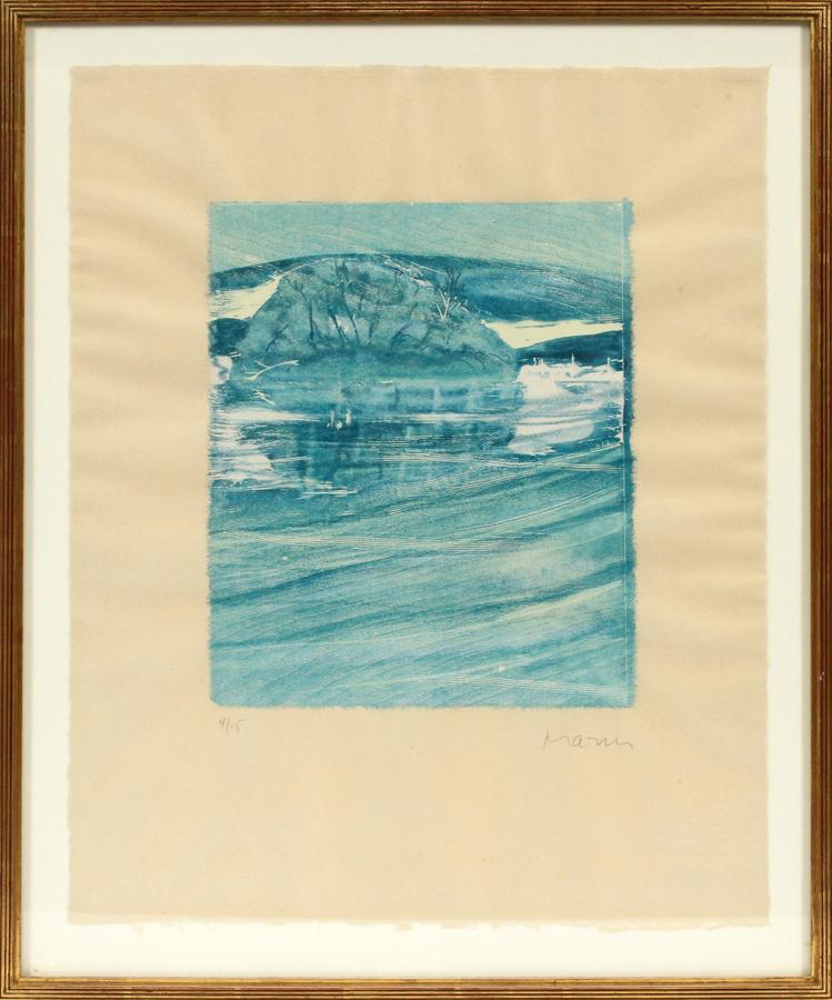 MICHAEL MAZUR, WOODCUT 1984, "WAKE BY ISLAND": MICHAEL MAZUR, WOODCUT 1984, H 25.5", W 20", "WAKE BY ISLAND" Numbered 4/15; pencil signed; floated in the frame, 30" x 24".