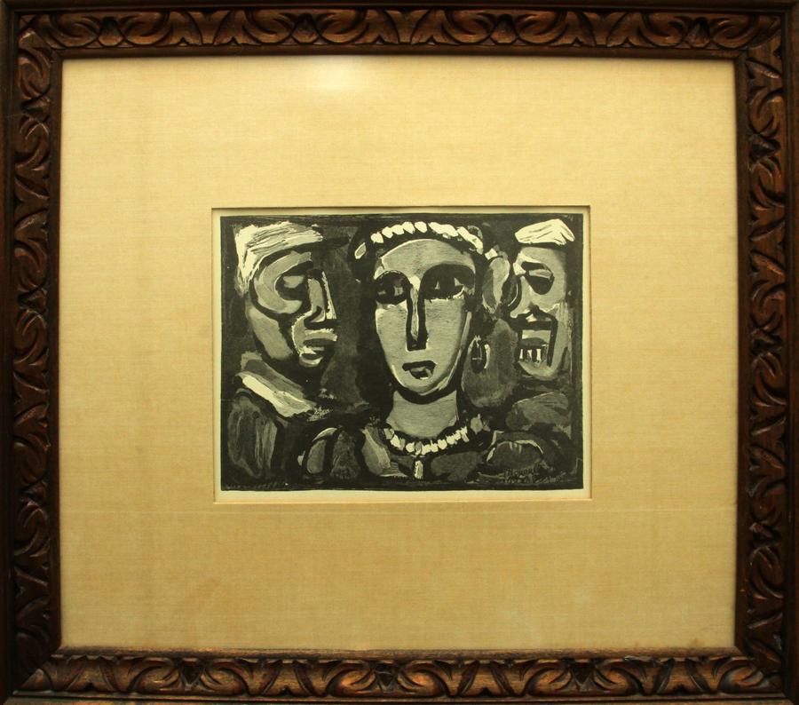 GEORGES ROUAULT LITHOGRAPH ON PAPER, HARLEQUINS: GEORGES ROUAULT (FRENCH, 1871-1958), LITHOGRAPH ON PAPER, H 6", L 7.5", HARLEQUINS A lithograph on paper by Georges Rouault. Depicting three harlequins. Signed in plate to the lower margins. Frame mea