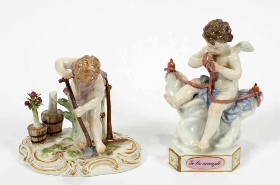 MEISSEN PORCELAIN CHERUB FIGURES 19TH.C.: MEISSEN PORCELAIN CHERUB FIGURES 19TH.C. 2 PCS H 4.5" Includes: Meissen cherub digging in the garden, H 4.5 x W 4.5", broken flower, blue crossed swords mark, #1000 and Meissen cherub "Je les Accouple