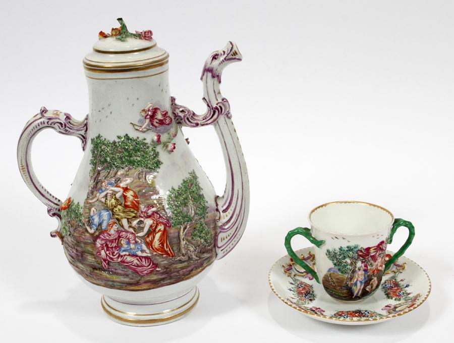 CAPODIMONTE COFFEE POT, 19TH C.: CAPODIMONTE COFFEE POT, 19TH C. Raised figurines in relief, flowers in 3 dimension. Cover as is. H 10" Gargoyle spout. Also cup and nonmatching saucer.