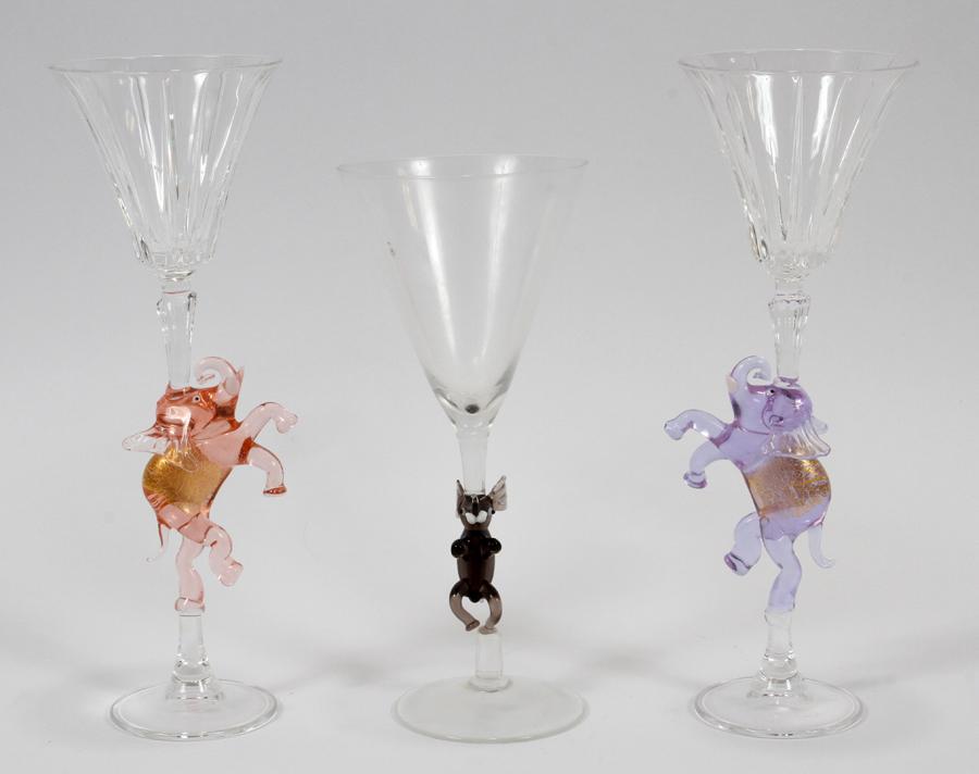 VENETIAN WINE GLASSES WITH ELEPHANT STEM: VENETIAN WINE GLASSES WITH ELEPHANT STEM, SET OF 10, PLUS 1 NON-MATCHING WINE 11 PCS. H 10.5" Includes 10 Venetian wines, height 10.5", each with an Elephant form stem, 6 have pink Elephant stems and