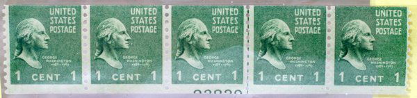 U.S COIL STRIP OF FIVE STAMPS #A276- 804: U.S COIL STRIP OF FIVE STAMPS #A276- 804 GUM GLAZED PL # MACHINE CUT-OFF ERROR UNUSED NH OG, 1938, 1:United States Horizontal Strip of Five stamps, 1938, Unused, Mint, Scott # A 276- 804, *, *, *, No