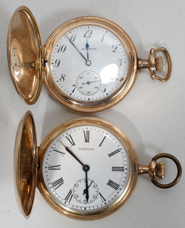 ELGIN & ILLINOIS GOLD FILLED POCKET WATCHES: ELGIN & ILLINOIS GOLD FILLED POCKET WATCHES, TWO:Including 1 pocket watch marked "Warranted 20 Years Illinois Watch Case Co. Elgin USA (maker's mark of a man throwing a javelin) 10 Years 2524296" on t