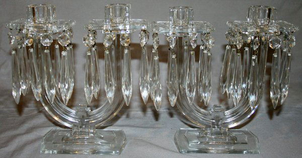 ART DECO STYLE GLASS TWO-LIGHT CANDELABRAS: ART DECO STYLE PRESSED GLASS TWO-LIGHT CANDELABRA, PAIR, H 8", W 7 1/2":Hung with crystal prisms.