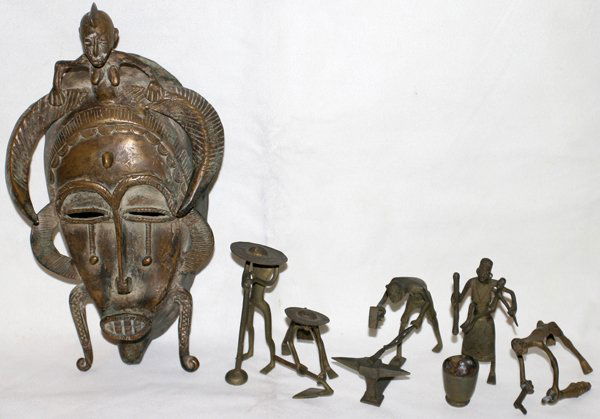 SENUFO, AFRICAN IRON MASK & AFRICAN FIGURES: SENUFO, AFRICAN IRON MASK, IVORY COAST, & AFRICAN IRON FIGURES, FIVE, H 4":Six pieces total. From the Estate of Douglas Crary, Ann Arbor, Mich.