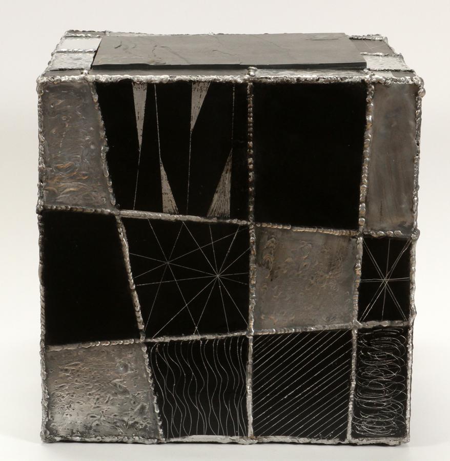 PAUL EVANS 'ARGENTE' ALUMINUM SLATE TOP TABLE: PAUL EVANS (AMERICAN, 1931-1987), 'ARGENTE' BRUTALIST ALUMINUM, SLATE TOP TABLE C. 1968, H 16", W 16", L 16", PE-37 An early Brutalist table made by the famed American sculptor Paul Evans. Constructed