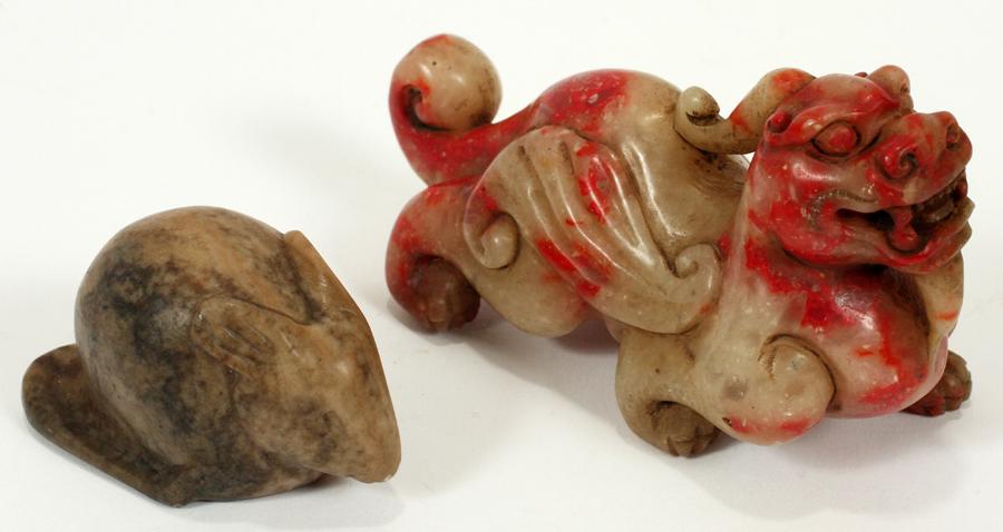 CARVED CHICKEN BLOOD STONE & SOAPSTONE MOUSE: CARVED CHICKEN BLOOD STONE CHILONG & SOAPSTONE MOUSE, L 2.25" - 3.75" One carved chicken blood, Chilong H 2.25", L 3.75" and a carved soapstone mouse, H 1 1/8", L 2.25".