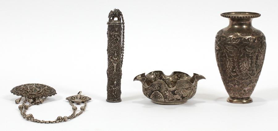 INDIA SILVER VESSELS & CHAIN 4: INDIA SILVER VESSELS & CHAIN 4 H 1.75" TO 6" W 3" TO 4.75" A silver footed vase having a chased bird and foliate motif, a ruffle edged vessel having an animal motif, and a two-part hanging chain with 