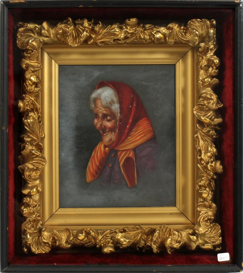 ITALIAN SCHOOL OIL ON CANVAS, CIRCA 1900: ITALIAN SCHOOL OIL ON CANVAS, CIRCA 1900, H 10", W 8", LADY In a shadow box frame. Carved giltwood interior frame.