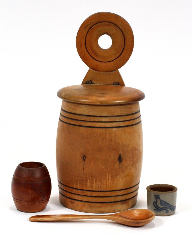 ANTIQUE WOOD SALT BOX, SPOON, HOLDER & OPEN SALT: ANTIQUE, WOOD SALT BOX, SPOON, TOOTHPICK HOLDER & STONEWARE OPEN SALT, 4 PCS, H 10" DIA 5" The wooden saltbox measures 10.5" H. x 5" Dia, the wooden spoon is 6" L, the wooden toothpick holder measures