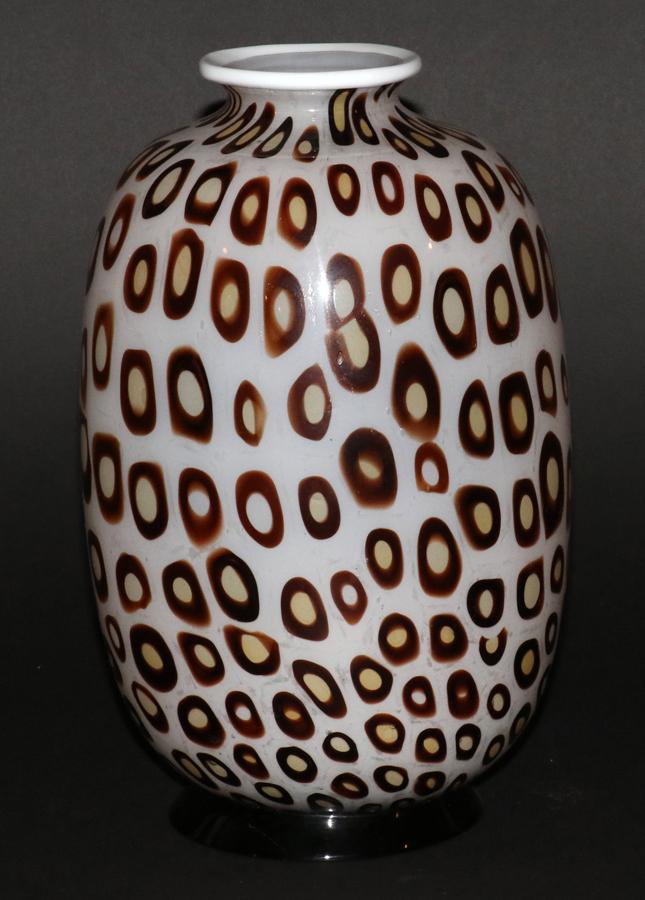MURANO ART GLASS VASE, H 10", DIA 6": MURANO ART GLASS VASE, H 10", DIA 6"A Murano art glass vase. Leopard spot vase with opalescent ground. White glass applied collar. Circa 1990. Purchased from "Antichita" Venice. Property of Robert Sch