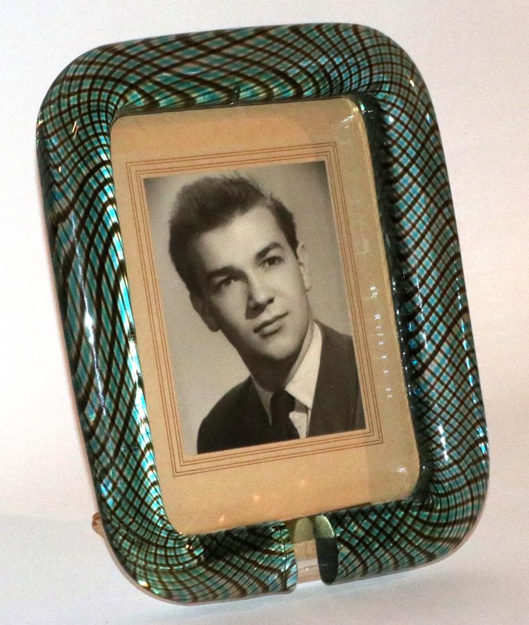 MURANO ART GLASS PHOTO FRAME, H 15", W 13": MURANO ART GLASS PHOTO FRAME, H 15", W 13"A Murano art glass photo frame. Offers blue and black swirled tones. Very heavy. Property of Robert Schweizer, Ann Arbor.