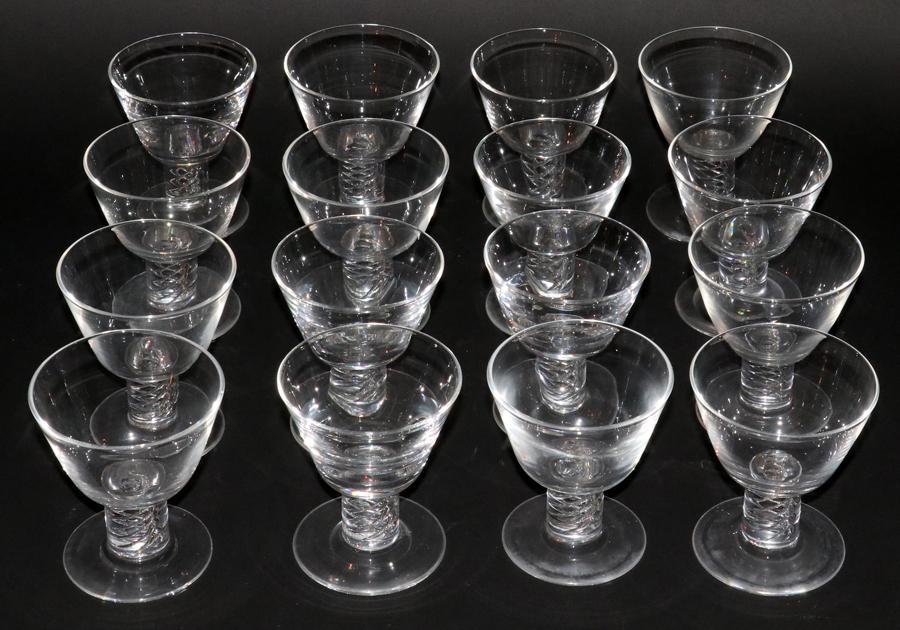 STEUBEN SPIRAL STEM WINE GLASSES, 16 PCS, H 3.6": STEUBEN SPIRAL STEM WINE GLASSES, 16 PCS, H 3.6" Assorted sizes. Most 3.5" One 6". Hand blown. Property of Robert Schweizer, Ann Arbor.