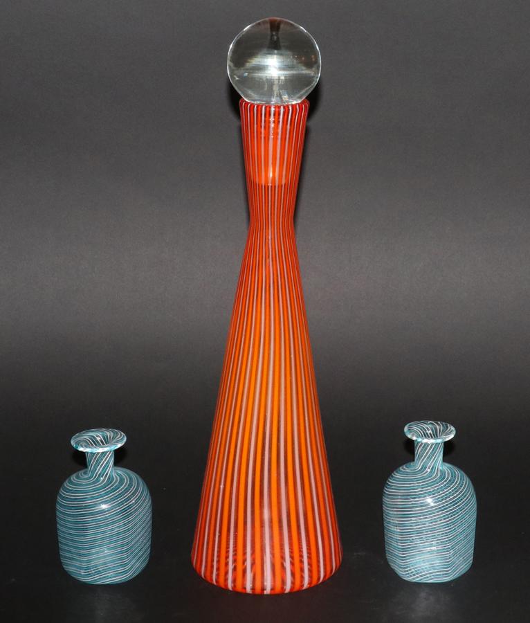 VENETIAN GLASS DECANTER & VESSELS, 3 PCS: VENETIAN GLASS DECANTER & VESSELS, 3 PCS, H 4"-16" A Venetian art glass decanter and two swirled vessels. Fine quality. Property of Robert Schweizer, Ann Arbor.