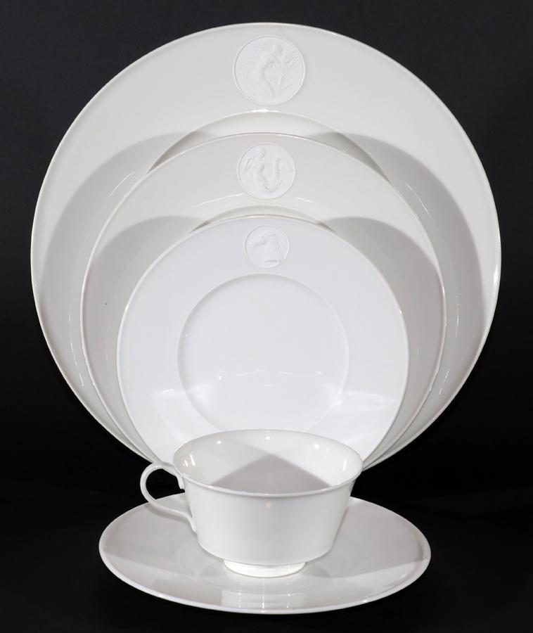 KPM BERLIN "ARCADIA" DINNERWARE, WITH LITHOPANE: KPM BERLIN "ARCADIA" DINNERWARE, WITH LITHOPANE 30 PCS Dinner service for six. Bisque mermaid. Includes: 6 dinner plates (DIA10.5"); 6 cups; 6 bread plates (DIA 6.2"); 6 saucers; 6 salad plates (DIA 8