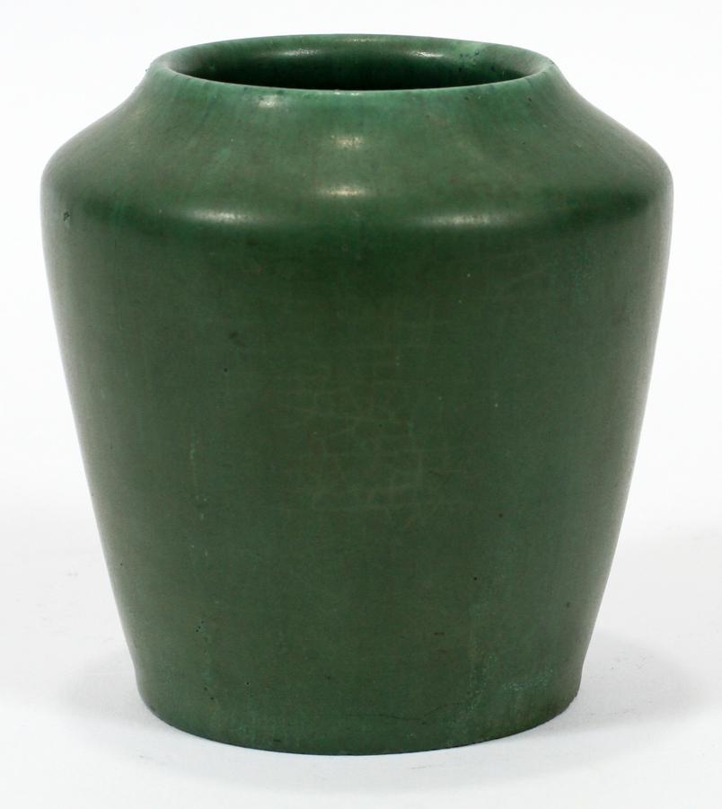 PEWABIC POTTERY VASE, H 3.5", DIA 3.5": PEWABIC POTTERY VASE, H 3.5", DIA 3.5"An early Pewabic Pottery vase. Having a matte glaze boasting sage green tones. Bearing two indistinct paper labels and 'Pewabic' branding to the underside.