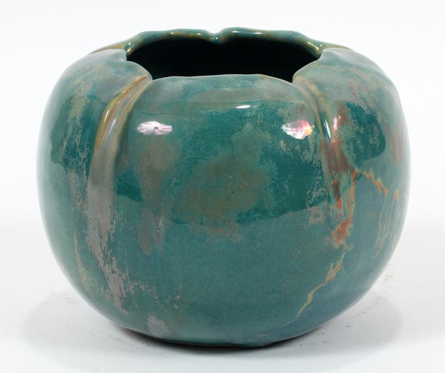 PEWABIC POTTERY LUSTER ROSE VASE, H 4", DIA 5.25": PEWABIC POTTERY LUSTER ROSE VASE, H 4", DIA 5.25"A Pewabic Pottery rose form vase. Having a glossy luster glaze boasting turquoise, lavender and copper tones. Circle mark on underside.