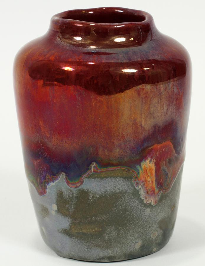 IRA & ELLA PETERS, PEWABIC POTTERY VASE: IRA & ELLA PETERS, PEWABIC POTTERY VASE, H 4", DIA 2.5"A Pewabic Pottery vase by Ira and Ella Peters. Having a white clay body and drip iridescent glaze boasting oxblood over turquoise and gun metal t