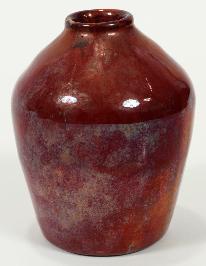 IRA & ELLA PETERS, PEWABIC POTTERY VASE: IRA & ELLA PETERS, PEWABIC POTTERY VASE, H 3.5", DIA 2.5"A Pewabic Pottery vase by Ira and Ella Peters. Having a hand-thrown white clay body and iridescent glaze boasting oxblood and turquoise tones w