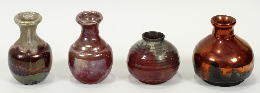 IRA & ELLA PETERS, PEWABIC POTTERY VASES, 4 PCS: IRA & ELLA PETERS, PEWABIC POTTERY VASES, 4 PCS, H 3"-4" A collection of four Pewabic Pottery vases by Ira and Ella Peters. Each offers a white clay body and iridescent glaze with observable oxidation
