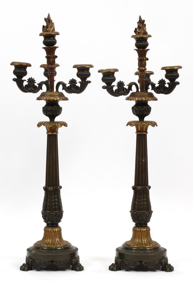 FRENCH EMPIRE BRONZE CANDELABRA, 19TH C.: FRENCH EMPIRE BRONZE CANDELABRA, 19TH C., PAIR, H 21", DIA 7" Separate bobaches and central flame snuffer. Claw feet. From the collection of Mary Jane Drummy, Tonnancour Rd. Grosse Pointe Farms.