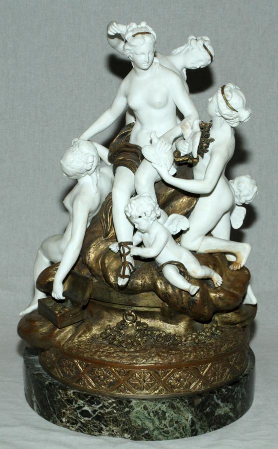FRENCH, GILT BRONZE & BISQUE SEVRES: FRENCH, GILT BRONZE & BISQUE SEVRES, 19TH C, H 14.5", DIA 11", VENUS, AFTER BOIZOT French, gilt bronze & bisque Sevres, Allegorical figural group, mounted on a marble base. 19th century. The height of