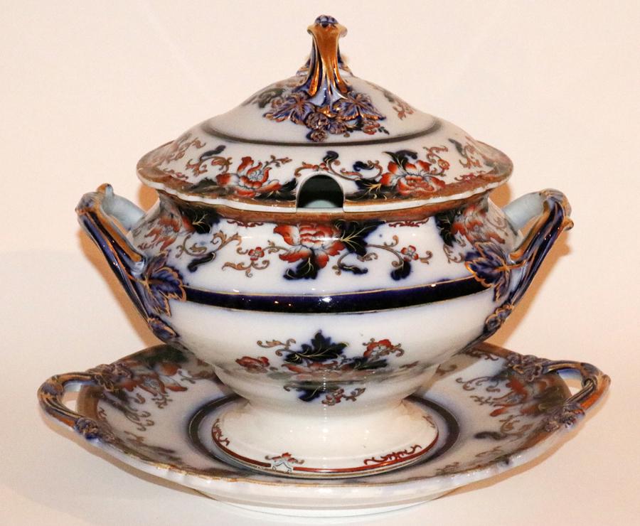 IRONSTONE (ENGLISH) SOUP TUREEN & TRAY, C. 1880: IRONSTONE (ENGLISH) SOUP TUREEN & TRAY, C. 1880, H 12", DIA 15" MAGNUM SIZE. Highly decorative. Hand decorated. Cobalt blue and orange. Property of Robert Schweizer, Ann Arbor.