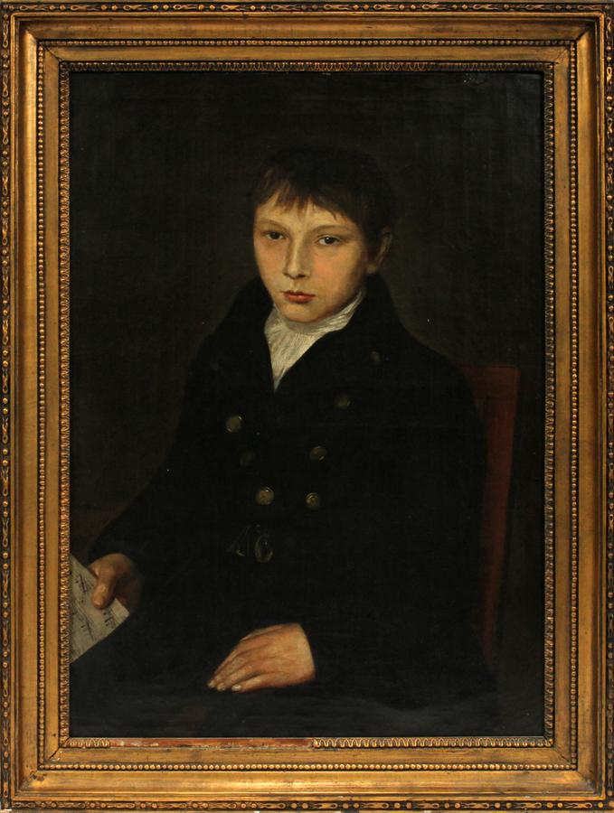 OIL ON CANVAS, YOUNG BOY WITH SHEET MUSIC: OIL ON CANVAS, 19TH C, H 24.5", L 17", YOUNG BOY WITH SHEET MUSIC A 19th century oil on canvas. Depicting a young man wearing a dress suit with brass buttons, clutching sheet music. Frame measures H 2