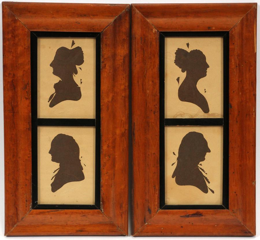 REMBRANDT PEALE HOLLOW CUT SILHOUETTES: REMBRANDT PEALE (AMER, 1778-1860), HOLLOW CUT SILHOUETTES, H 5.4", W 3.7" Four silhouettes in two maple frames. Peale Museum impressed stamp. Frame size 15" x 8". Property of Robert Schweizer, Ann Arb