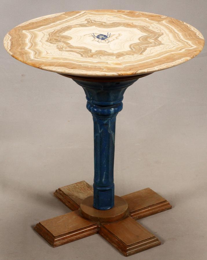 ITALIAN PIETRA DURA TABLE, H 21" DIA 20": ITALIAN PIETRA DURA TABLE, H 21" DIA 20" An Italian pietra dura table. Having a lapis lazuli beetle to the center surface. Lapis pedestal. Property of Robert Schweizer, Ann Arbor.