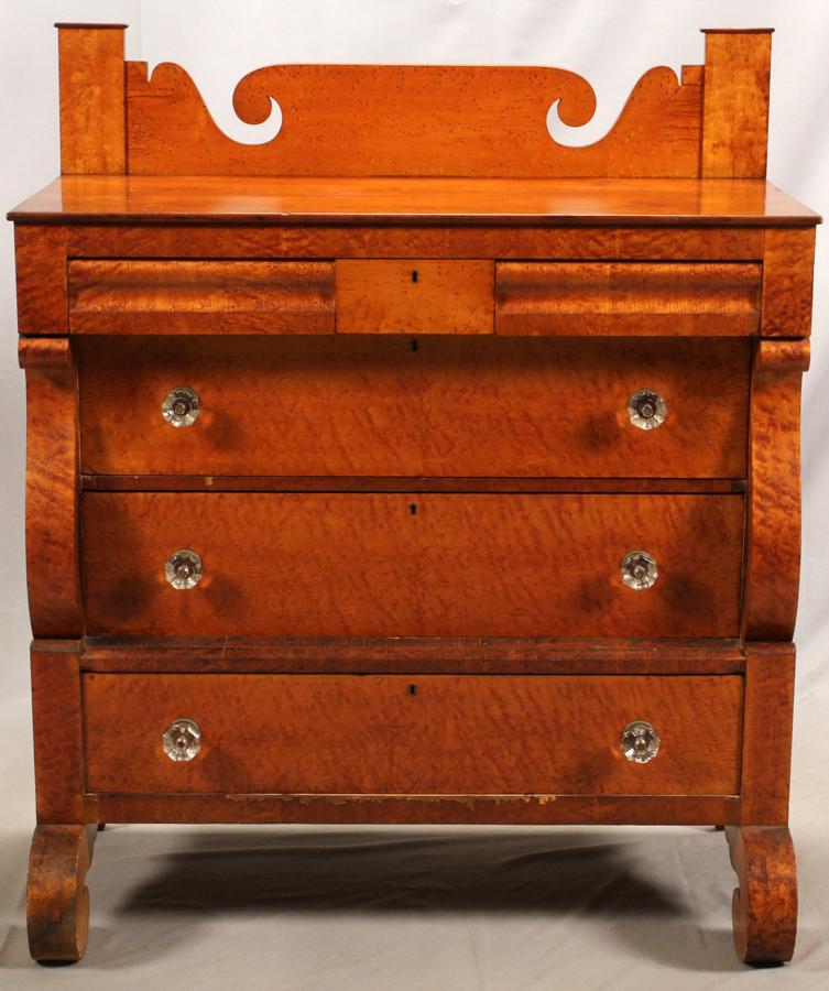 AMERICAN EMPIRE MAPLE CHEST C. 1840: AMERICAN EMPIRE MAPLE CHEST C. 1840 H 53", W 45", D 22" Ogee front upper drawers. Scroll side columns. Property of Robert Schweizer, Ann Arbor.