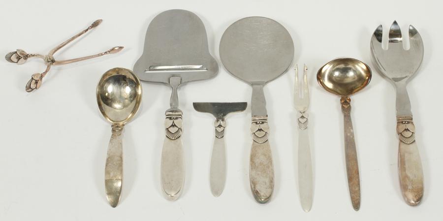 GEORG JENSEN STERLING "CACTUS" SERVING UTENSILS: GEORG JENSEN (DANISH) STERLING "CACTUS" SERVING UTENSILS, 8 PCS, L 3.5"-8", 4.88 TOZ A collection of eight Georg Jensen cactus pattern serving utensils. Comprises of 1 pickle fork, 1 cheese server, 1