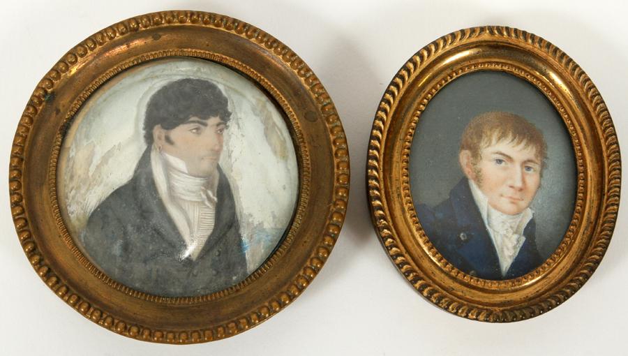 AMERICAN WATERCOLOR MINIATURE PORTRAIT: AMERICAN WATERCOLOR MINIATURE PORTRAIT OF YOUNG MAN, 18TH C., H 1.8", W 1.4" + ANOTHER Blue waist coat. Brass frame. Property of Robert Schweizer, Ann Arbor.