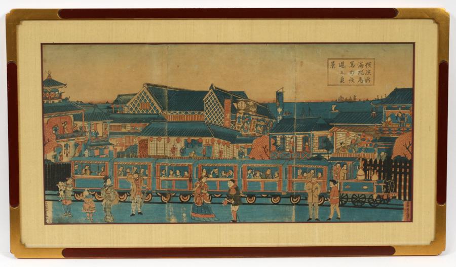 JAPANESE WOOD BLOCK TRIPTYCH, C. 1850: JAPANESE WOOD BLOCK TRIPTYCH, C. 1850, H 13", L 27", TRAIN STATION Frame 18" x 32" Property of Robert Schweizer, Ann Arbor.