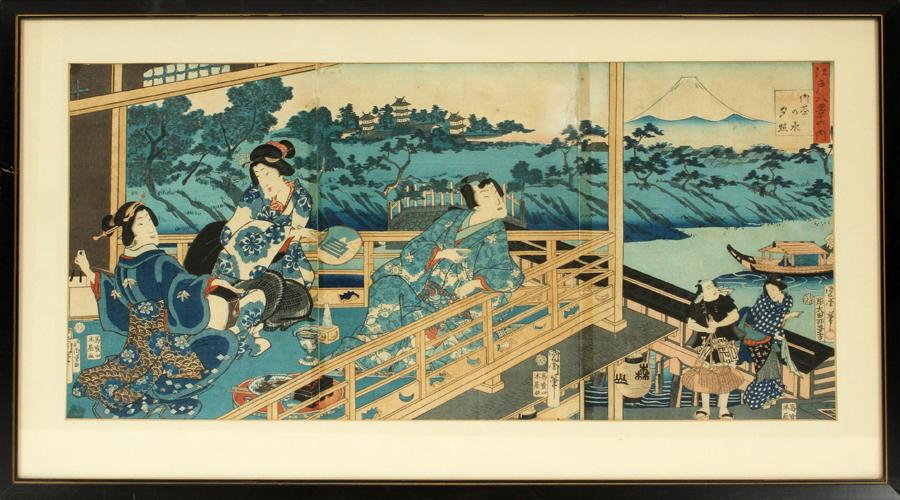 JAPANESE WOOD BLOCK TRIPTYCH, C. 1860: JAPANESE WOOD BLOCK TRIPTYCH, C. 1860, H 13", W 28", KUNICHIKA Women on verandah overlooking lake. Frame 18" x 33". Property of Robert Schweizer, Ann Arbor.