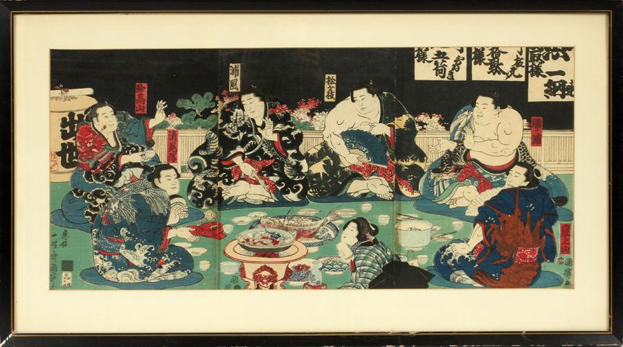 JAPANESE WOOD BLOCK TRIPTYCH, C. 1850: JAPANESE WOOD BLOCK TRIPTYCH, C. 1850, H 13", W 28", SUMO WRESTLERS Frame 19" x 33". Property of Robert Schweizer, Ann Arbor.