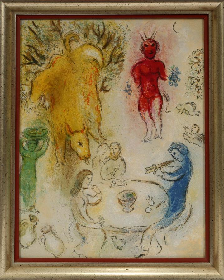 AFTER MARC CHAGALL LITHOGRAPH ON PAPER, 1962: AFTER MARC CHAGALL, LITHOGRAPH ON PAPER, 1962, H 16", L 12", "DAPHNE & CHLOE" A lithograph on paper titled "Daphne & Chloe" after Marc Chagall. Frame measures H 19" x L 15". Purchased in Munich, Germa