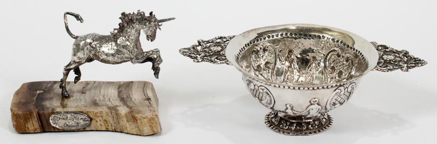 STAR LELANE SILVER MINIATURE UNICORN & COMPOTE: STAR LELANE SILVER MINIATURE UNICORN, & HAND MADE SILVER, CONTINENTAL COMPOTE 2 PCS. Silver miniature unicorn H 2.5", mounted on a polished stone base. Continental compote L 5.5", H 1.75", the body ha