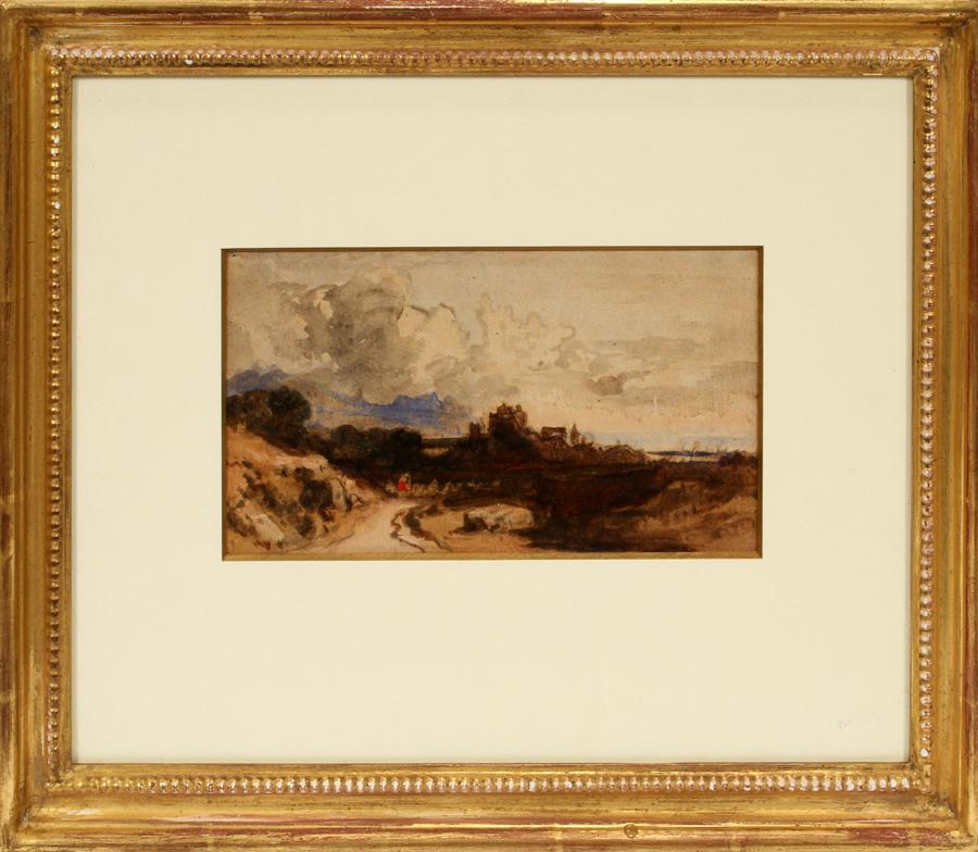 JOHN VARLEY GOUACHE ON PAPER, H 4 3/4", W 9 1/2": JOHN VARLEY (ENGLISH, 1778-1842), GOUACHE ON PAPER, H 4 3/4", W 9 1/2" Depicting a castle in a romantic landscape. Gilt plaster frame, matted and glazed.