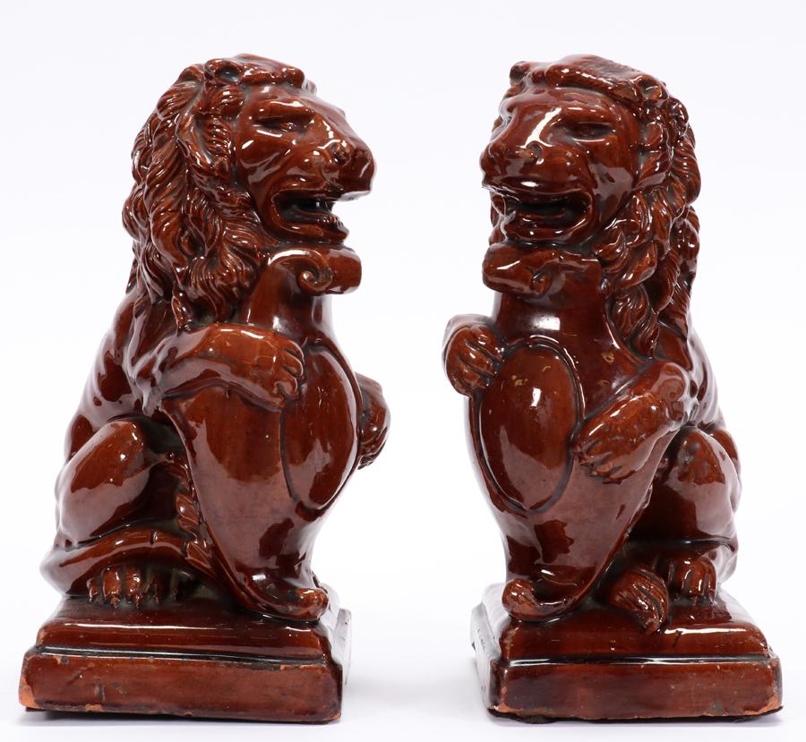 TERRACOTTA LIONS,  19TH C., PAIR, H 10 1/2" (1 of 3)