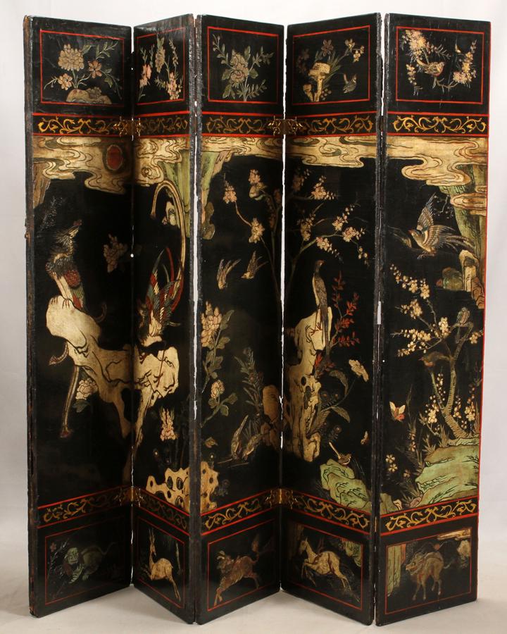 CHINESE LACQUERED 5 PANEL FOLDING FLOOR SCREEN (1 of 4)