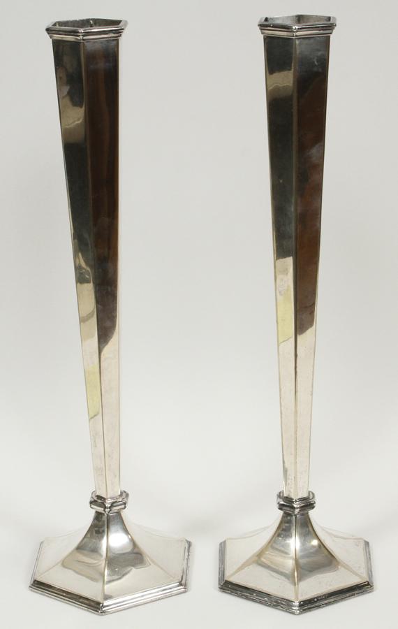 PAIR HEXAGONAL SILVER PLATE TRUMPET VASES (1 of 5)
