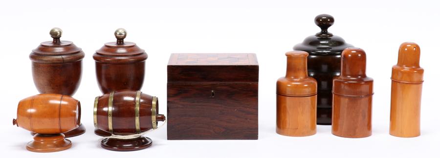 WOOD TABLE ARTICLES & CANISTERS, 9 PCS (1 of 4)
