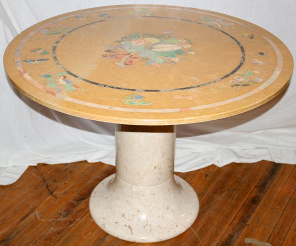 MARBLE TABLE WITH PAINTED MOTIFS, H 29 1/2"