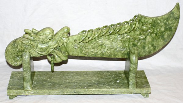 CHINESE CARVED JADE DRAGON SWORD & STAND H13"
