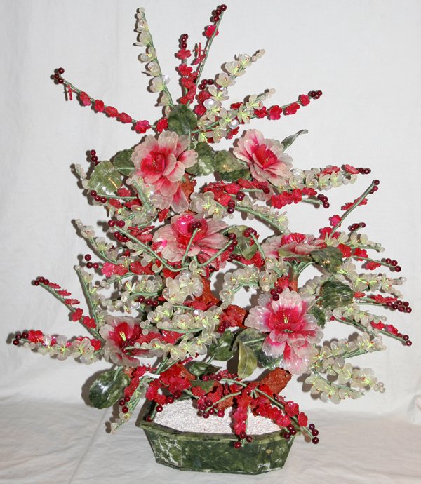 CHINESE JADE & HARDSTONE FLOWERING TREE H 34"
