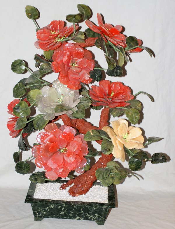 CHINESE JADE & HARDSTONE FLOWERING TREE H 30"