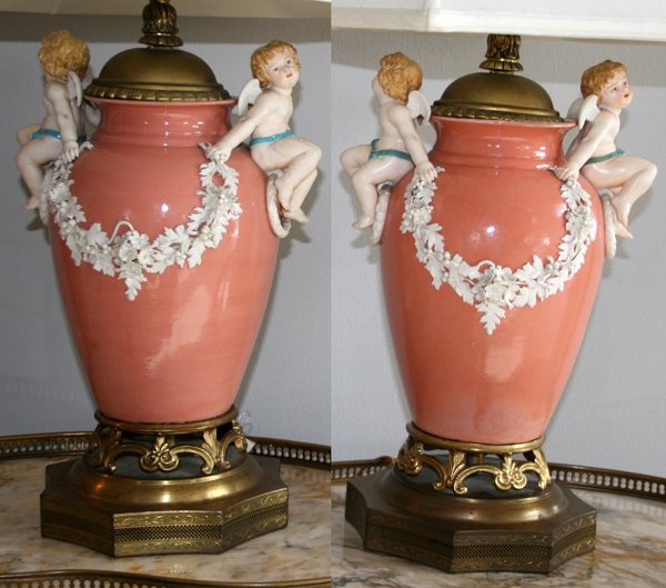 FRENCH PORCELAIN & BRONZE URNS AS LAMPS H 30"